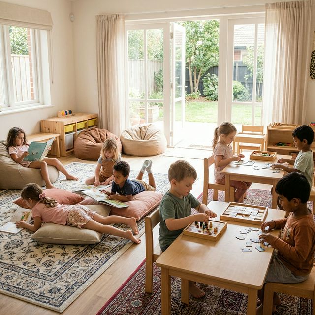 Happy children relaxing and reading books in bright cozy daycare room