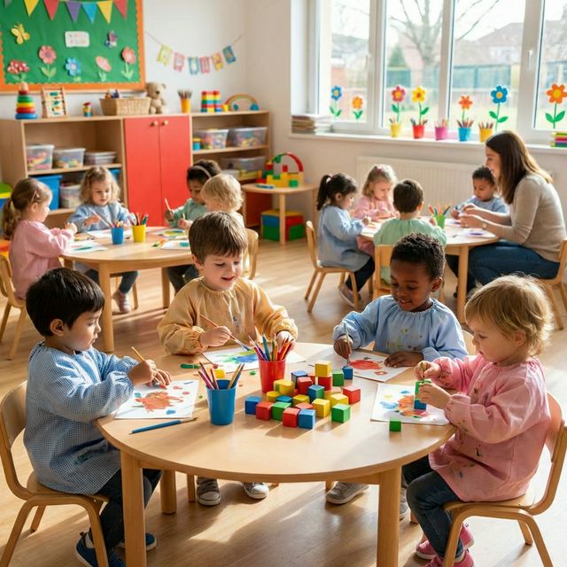 Nursery kids doing structured creative painting at round tables