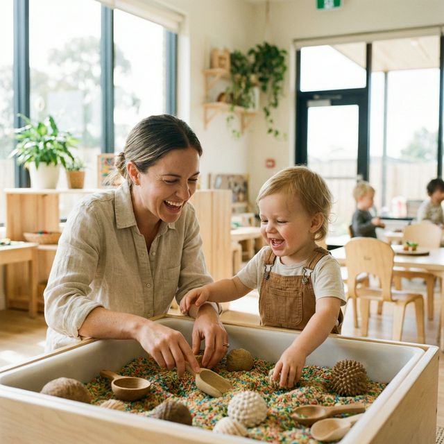 Mother and toddler exploring playgroup activities together